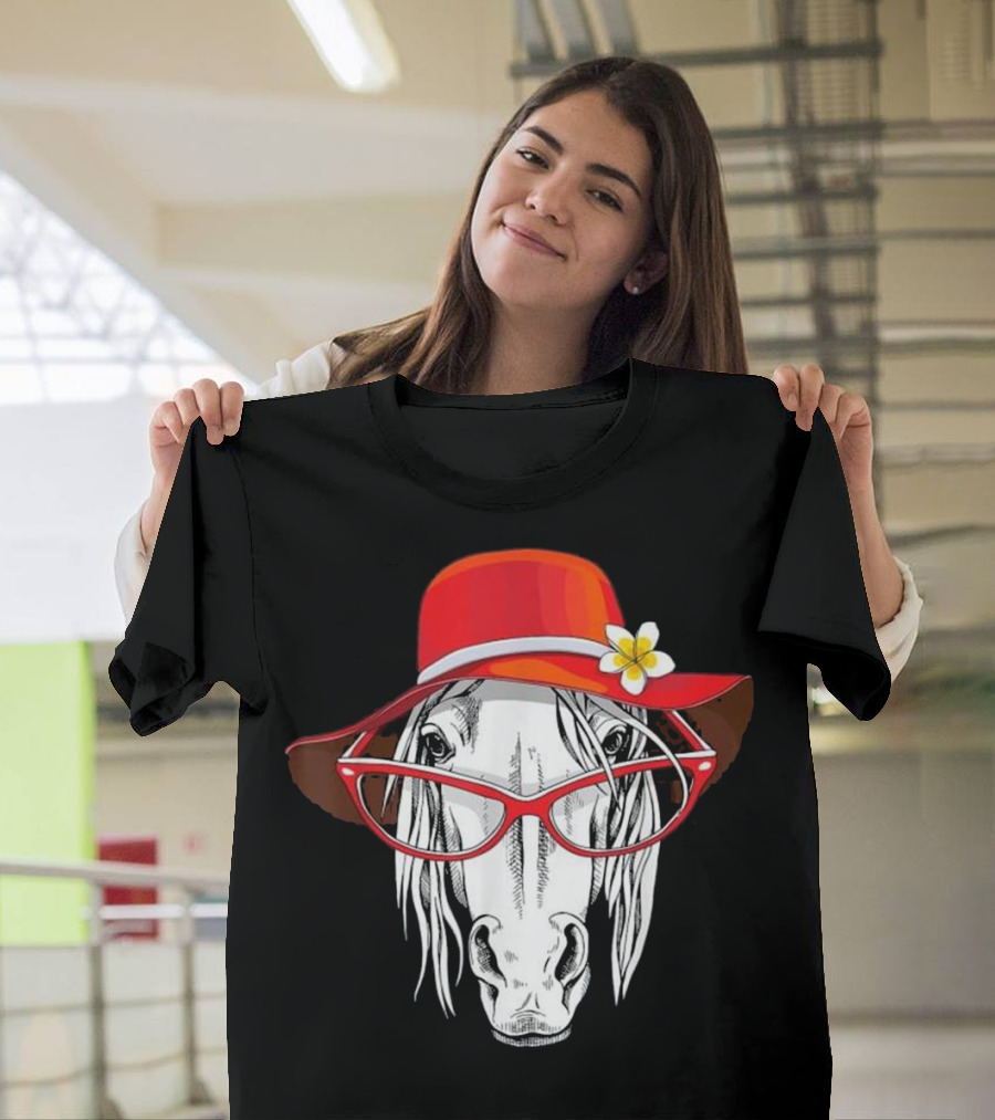 Red Hat Lady Horse with Glasses Flower for Horse Lovers T-Shirt