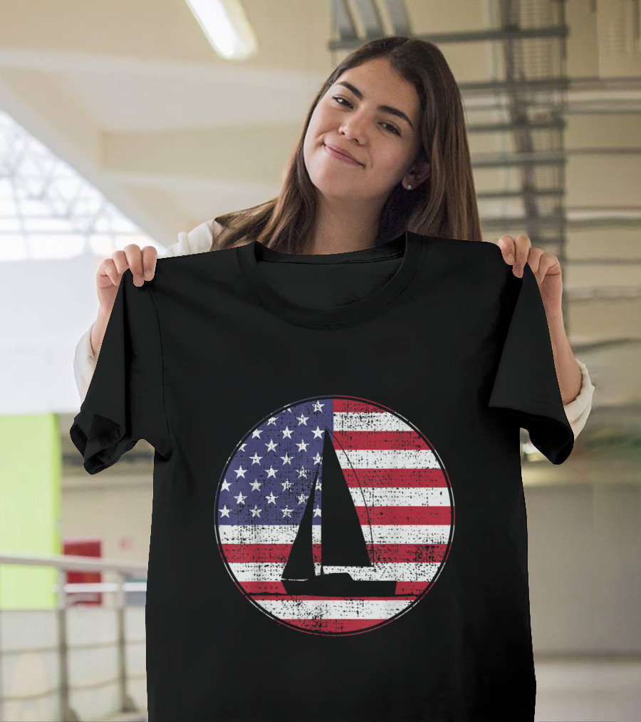 Sailing American Flag 4th of July Celebration Patriotic Boat T-Shirt