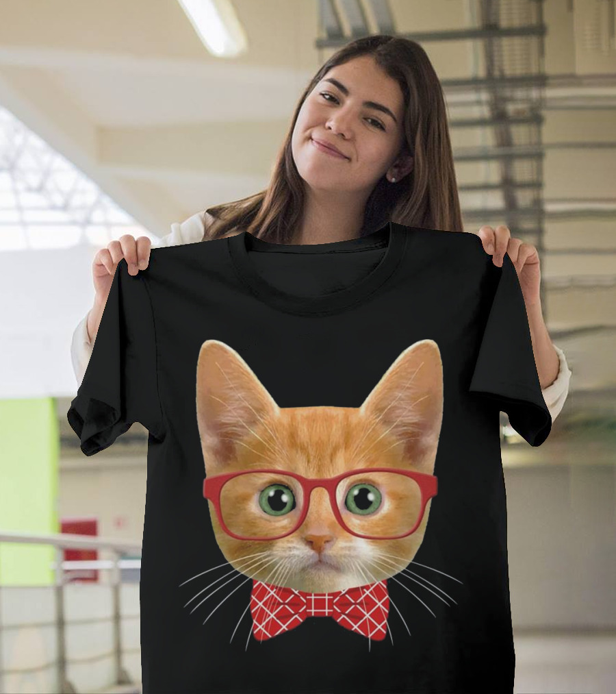 Ginger Orange Hipster Cat Green Eyes Red Glasses Bow Tie T-Shirt