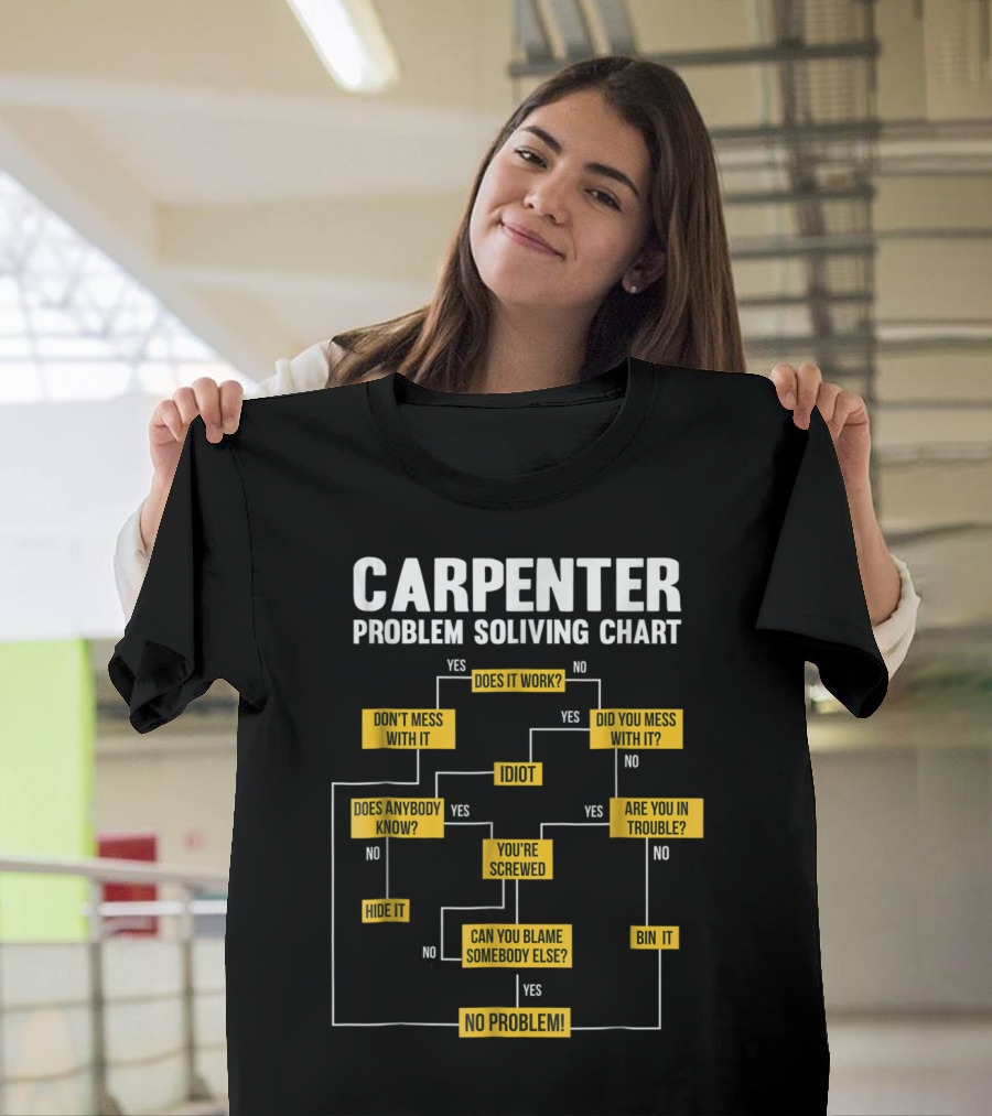 Carpenter Problem Solving Chart Flow Diagram Humor Text Steps Idiot You're Screwed No Problem T-Shirt