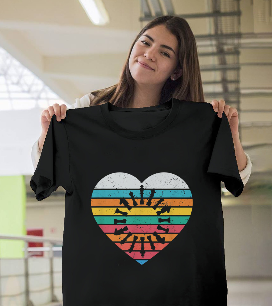 Vintage Chess Lover Heart with Sunset Chess Pieces T-Shirt