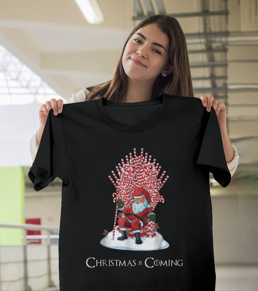 Christmas Is Coming Santa Candy Cane Throne T-Shirt