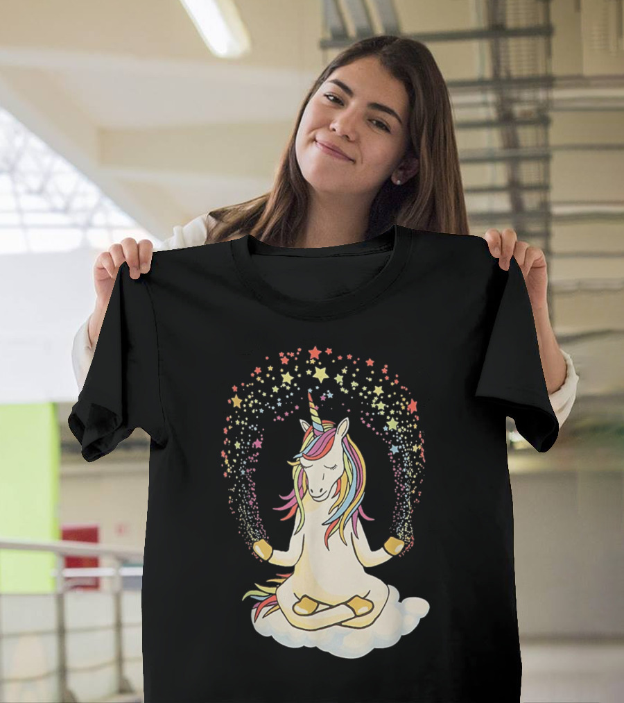 Namaste Meditating Magical Yoga Unicorn on Cloud with Rainbow Stars T-Shirt
