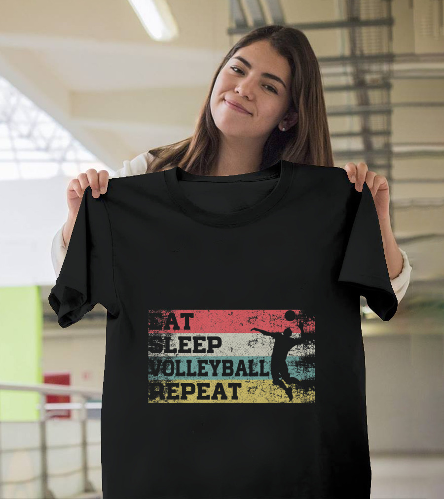 Eat Sleep Volleyball Repeat Vintage Silhouette Color Stripes T-Shirt