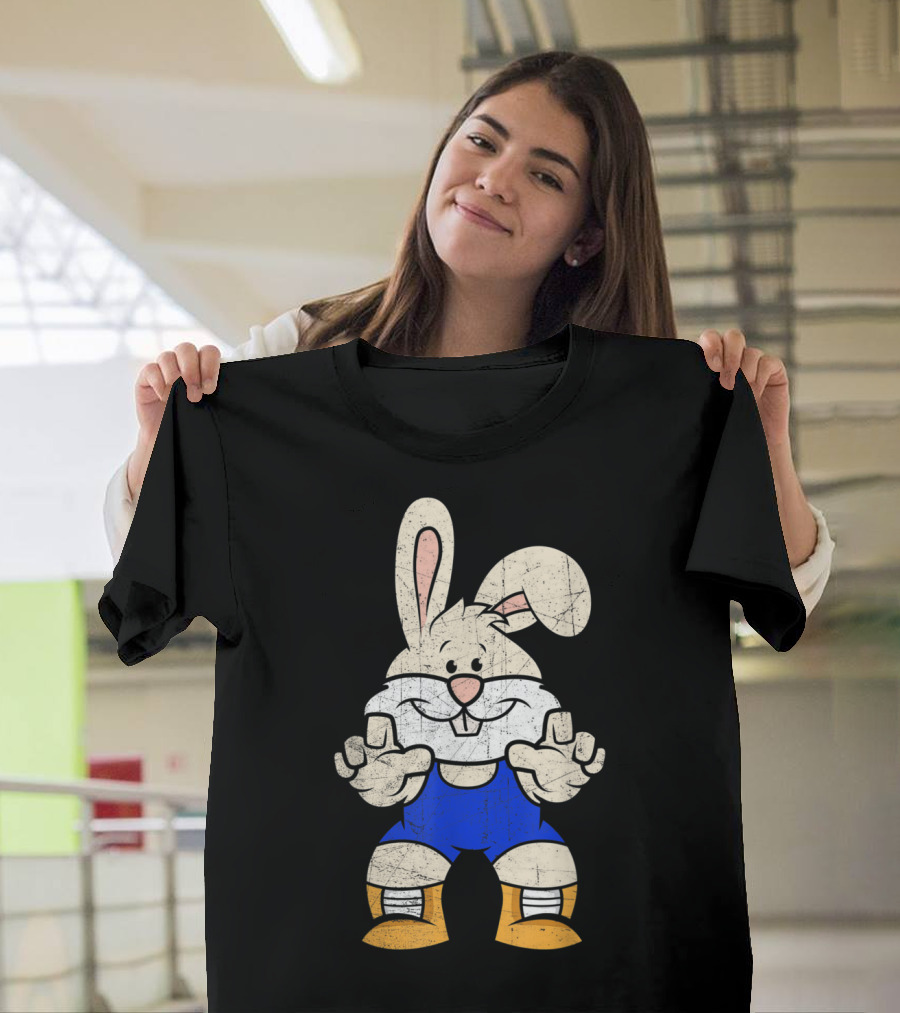 Wrestler Bunny Cartoon Character in Blue and Orange Wrestling Gear T-Shirt
