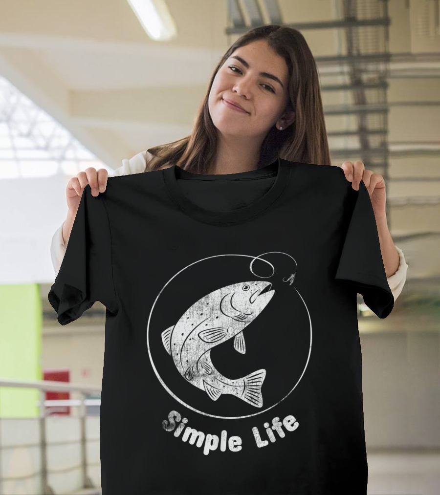 Simple Life Distressed Fishing Fish Hook Circle T-Shirt