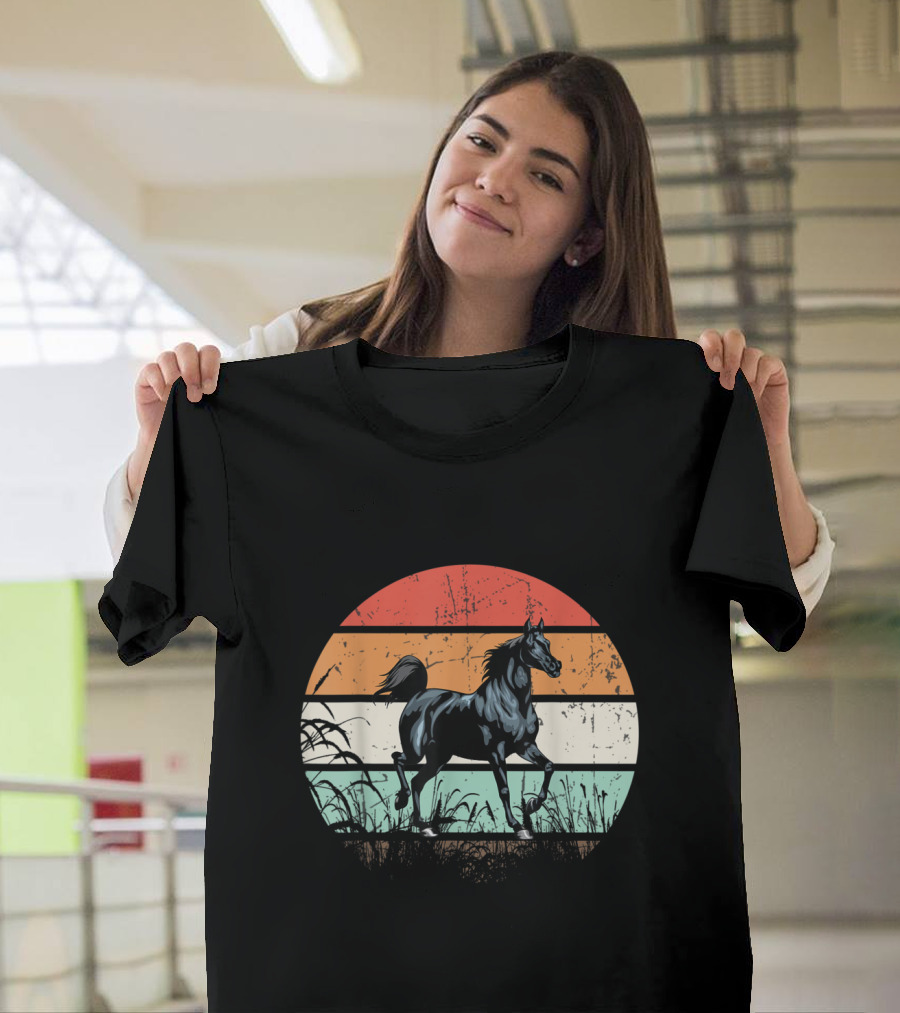 Vintage Horse Sunset Retro Stripes T-Shirt