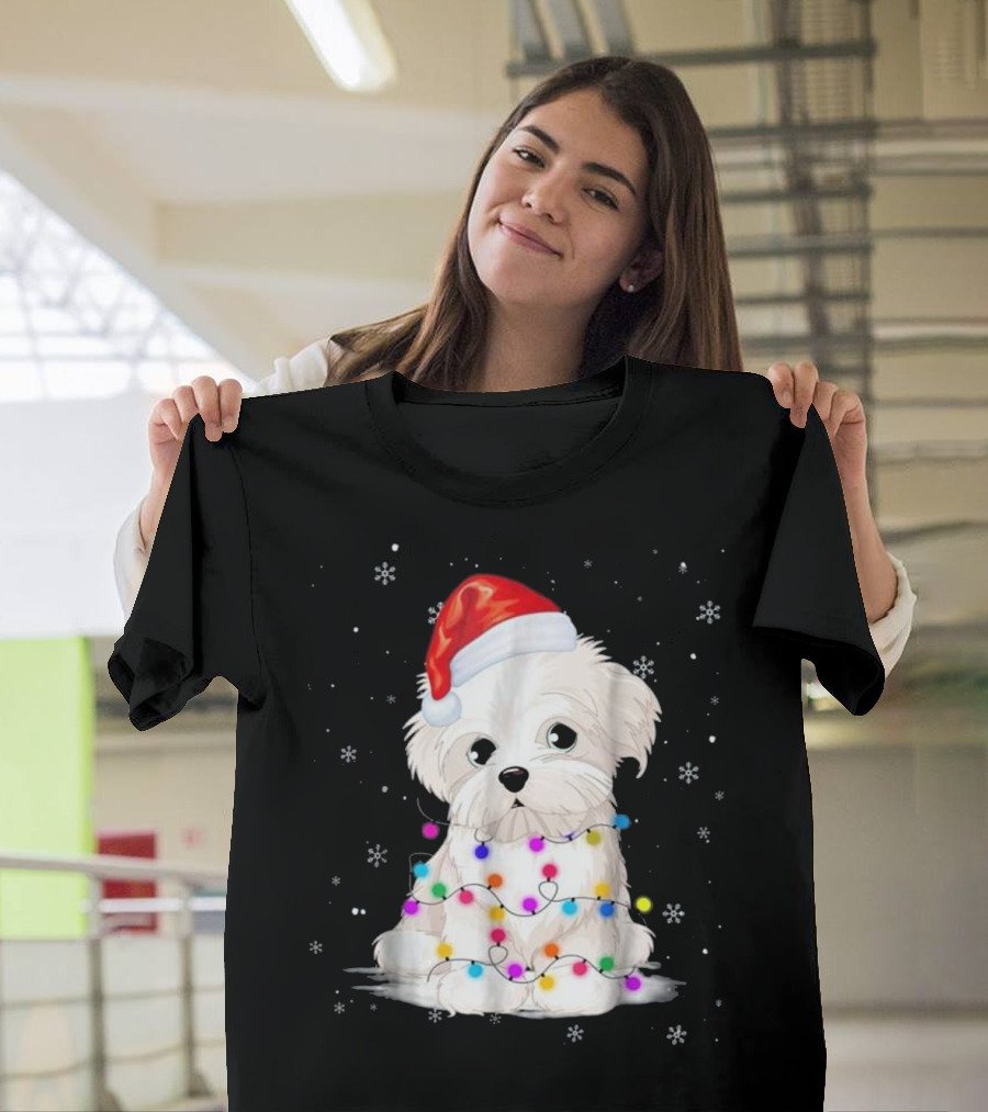 Maltese Puppy Wrapped in Christmas Lights with Santa Hat Snowflakes T-Shirt
