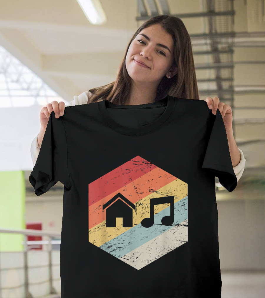 Retro Hexagon Rainbow Vintage House Music Note T-Shirt