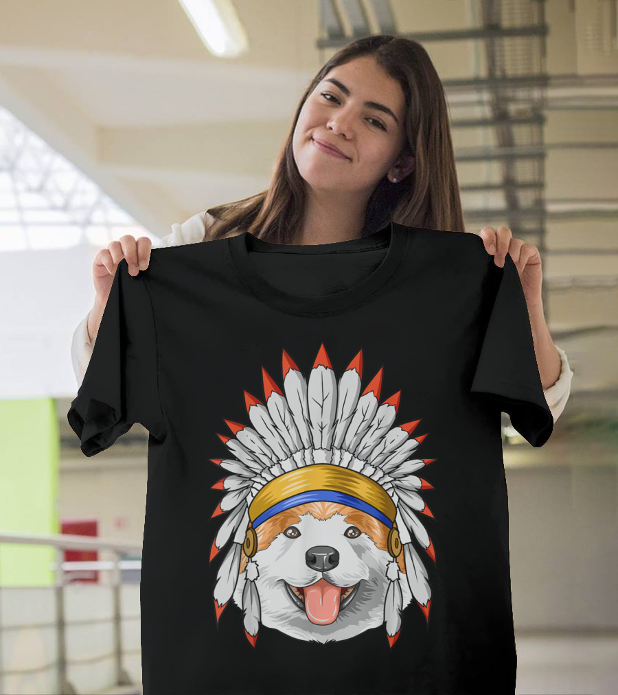 Native Indian American Akita Dog with Feather Headdress T-Shirt