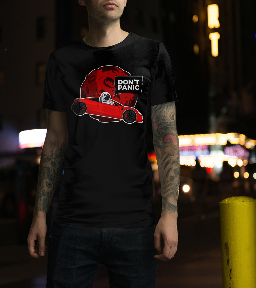DON'T PANIC Space Man In Red Roadster In Front Of Red Planet T-Shirt