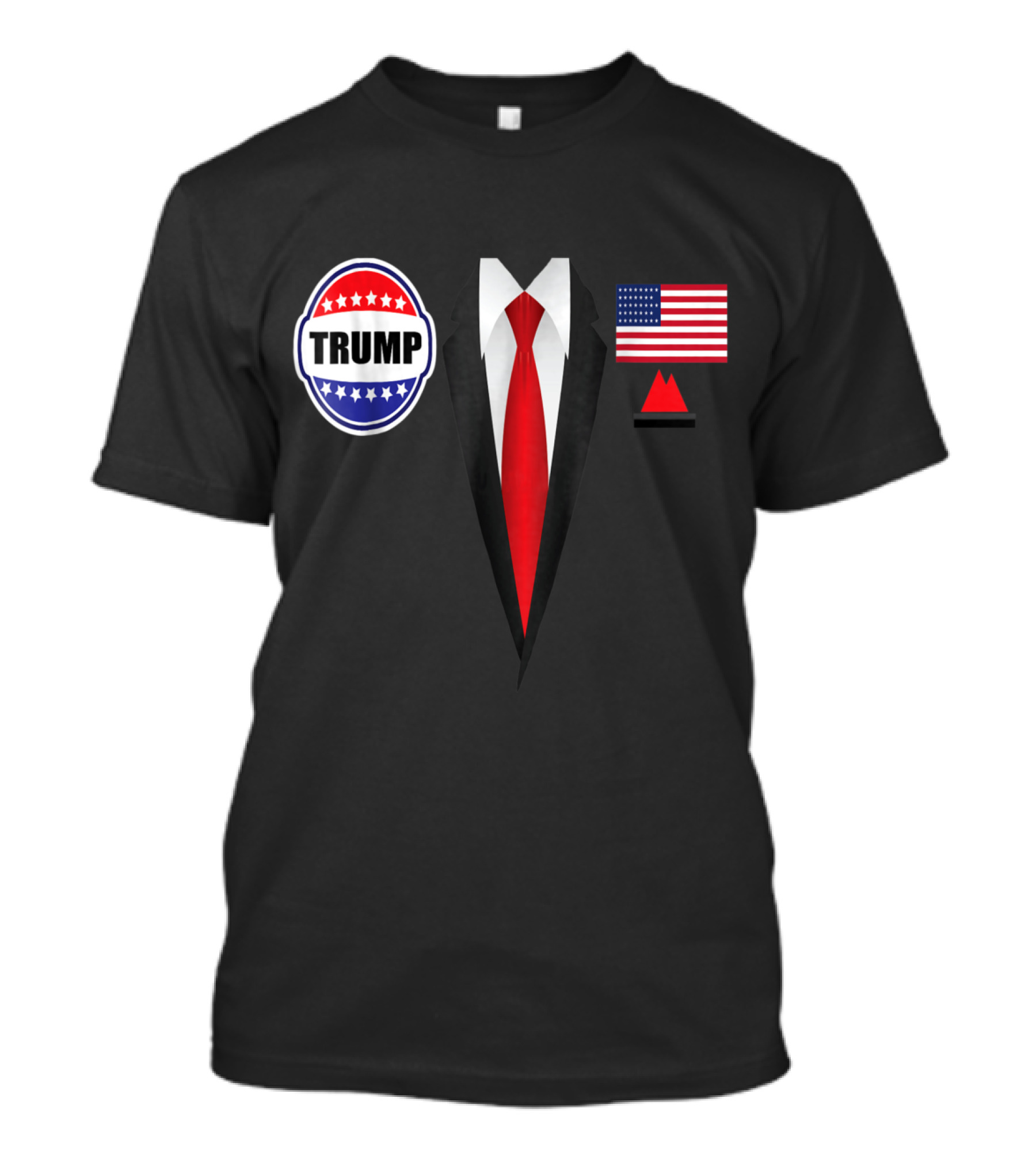 Trump Suit Costume With American Flag And Campaign Badge T-Shirt
