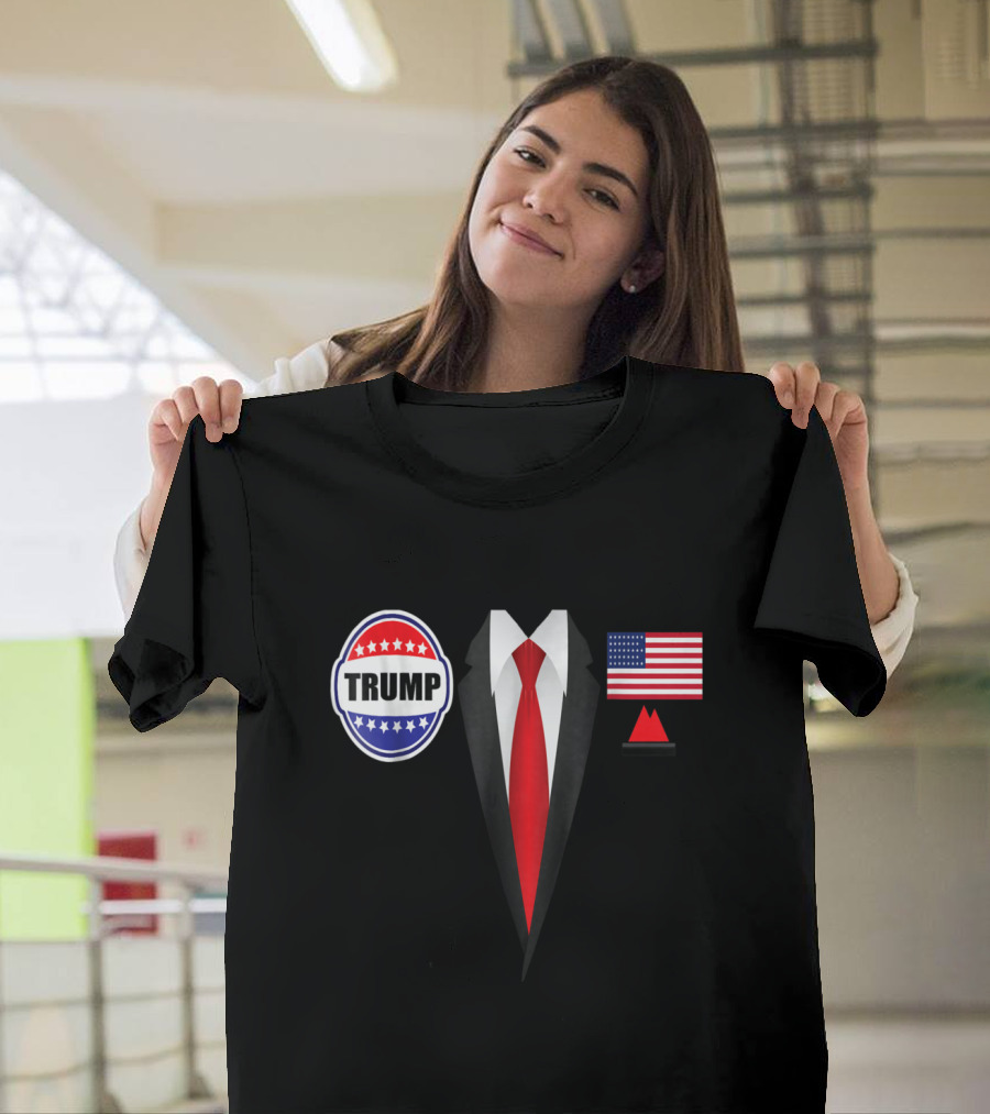 Trump Suit Costume With American Flag And Campaign Badge T-Shirt