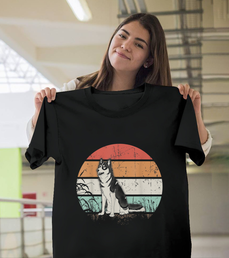 Vintage Siberian Husky Retro Sunset Stripe T-Shirt
