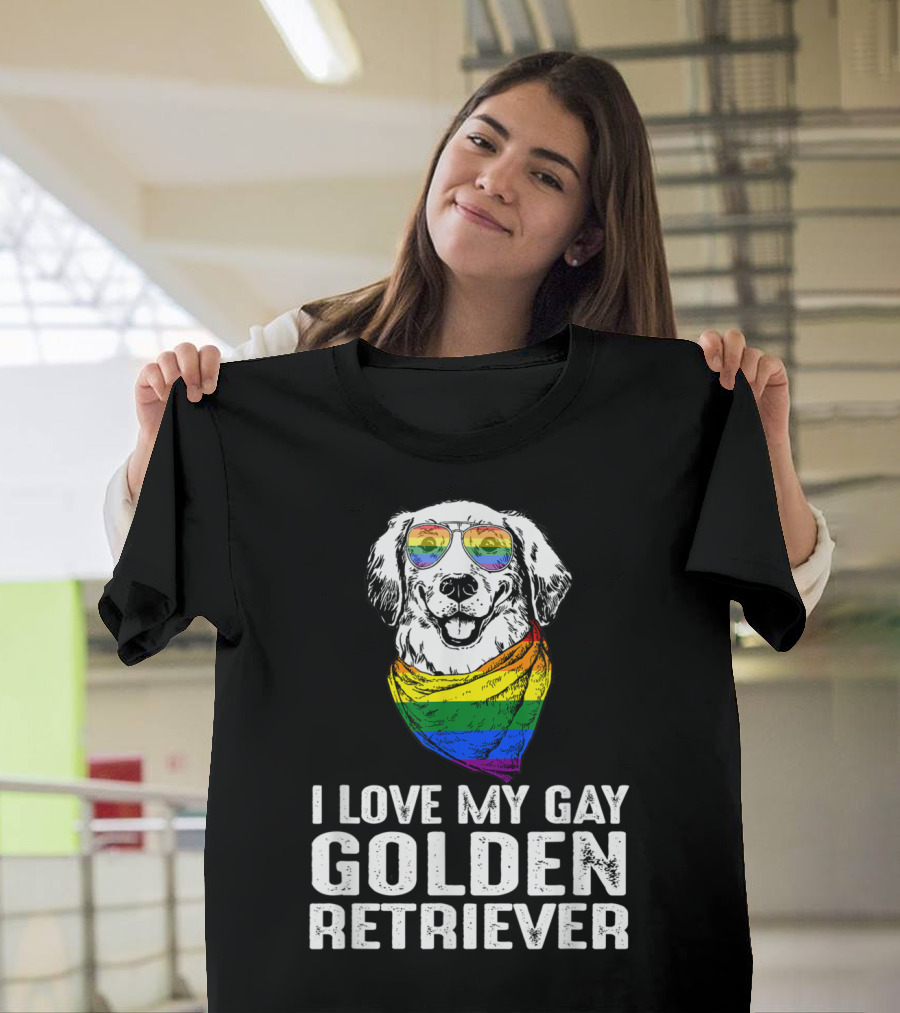 I Love My Gay Golden Retriever Pride Rainbow Flag Dog Dad T-Shirt