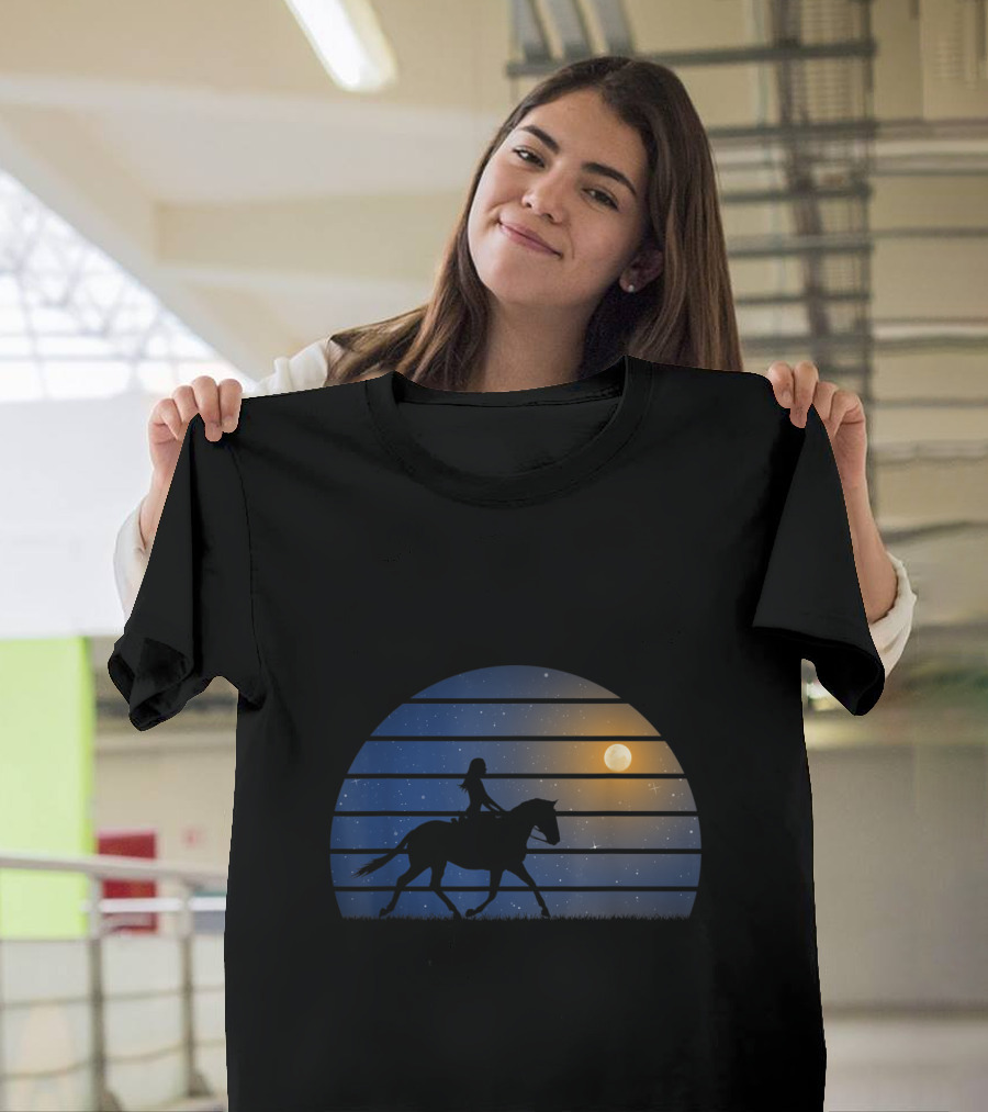 Girl Riding Horse Under Moonlit Night Sky T-Shirt