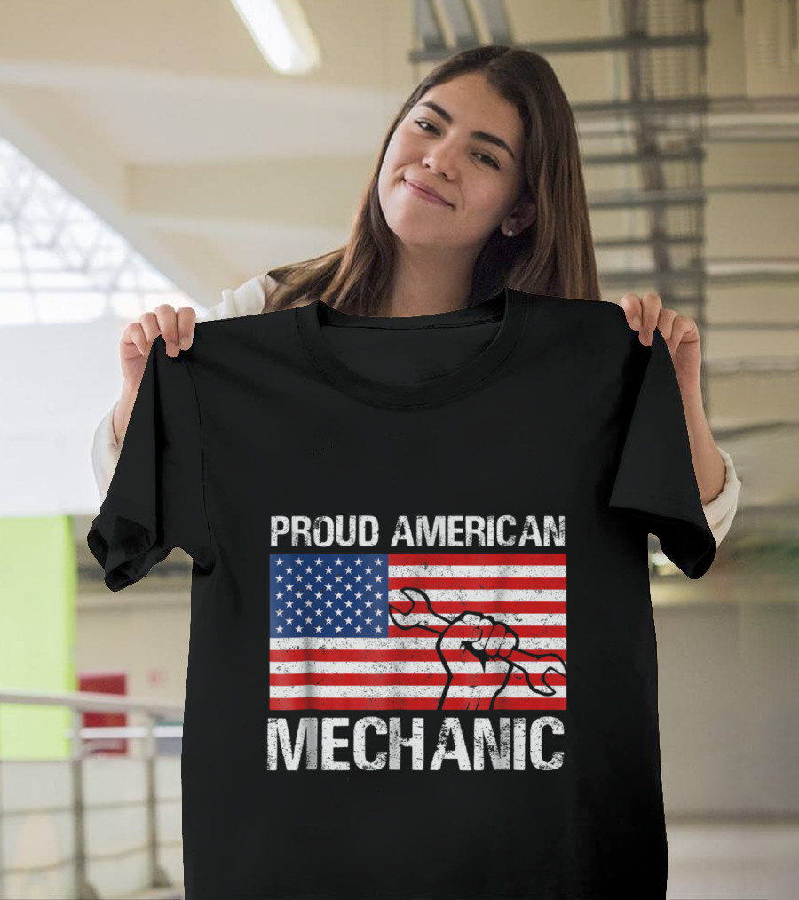 Proud American Mechanic Wrench Fist USA Flag T-Shirt