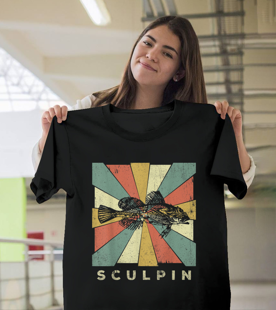 Retro Sculpin Fish on Colorful Geometric Background T-Shirt