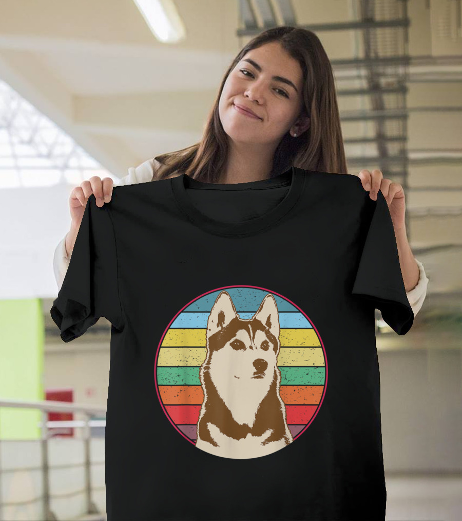 Vintage Siberian Husky Retro Rainbow Circle T-Shirt