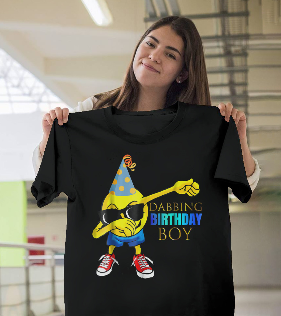 Dabbing Birthday Boy Emoji with Party Hat and Sunglasses T-Shirt