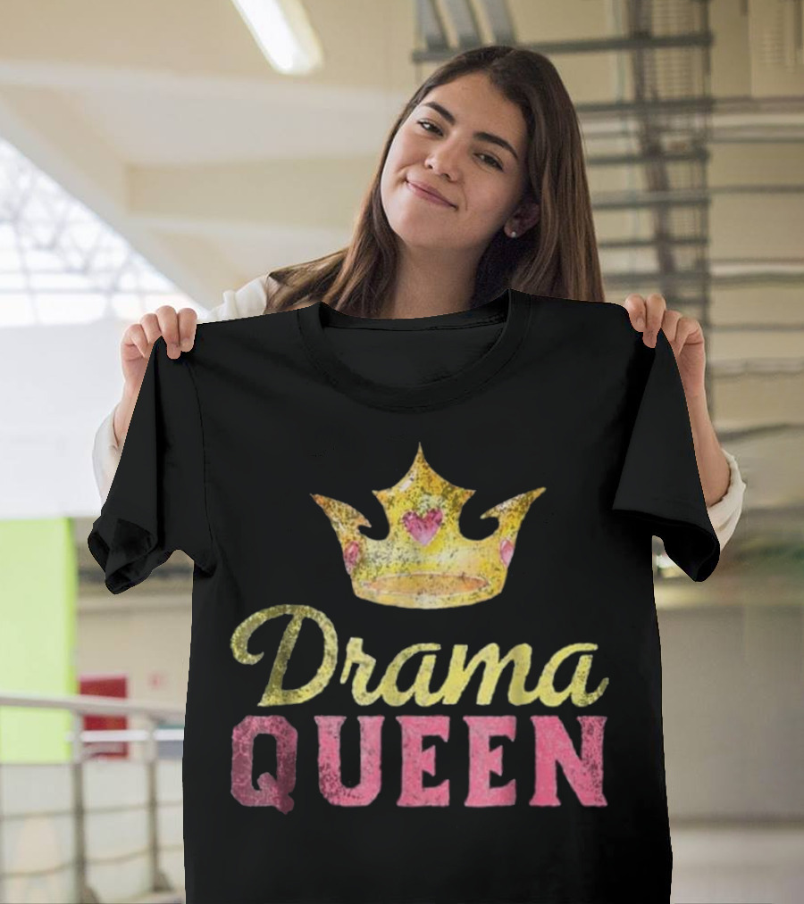 Drama Queen Distressed Crown with Text in Pink and Yellow T-Shirt
