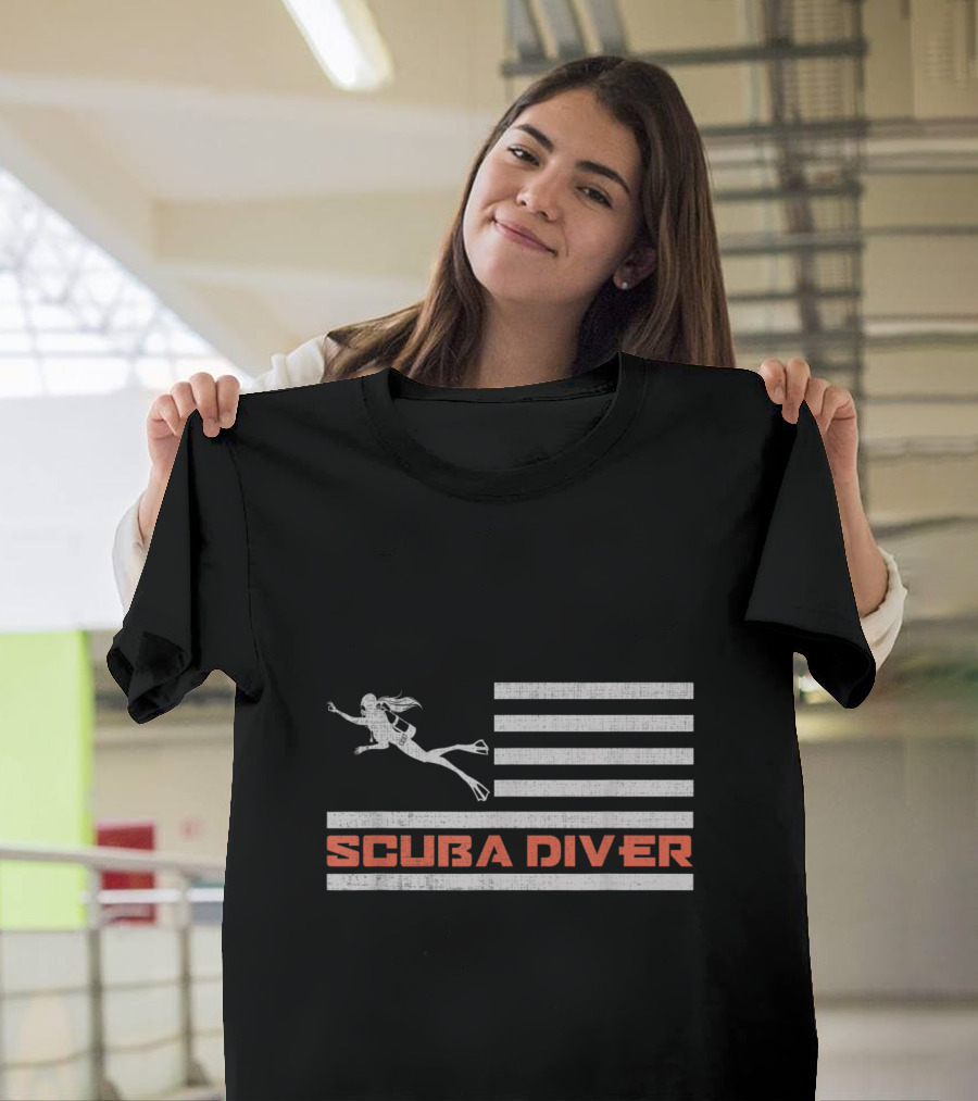 Scuba Diver Female Women USA Flag Stripes T-Shirt