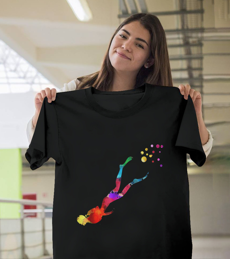 Scuba Diver Watercolor Silhouetted in Vibrant Splash of Colors T-Shirt