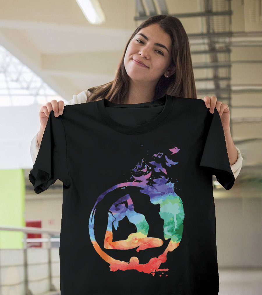 Yoga Asana Watercolour Rainbow Silhouettes with Birds and Music Notes T-Shirt