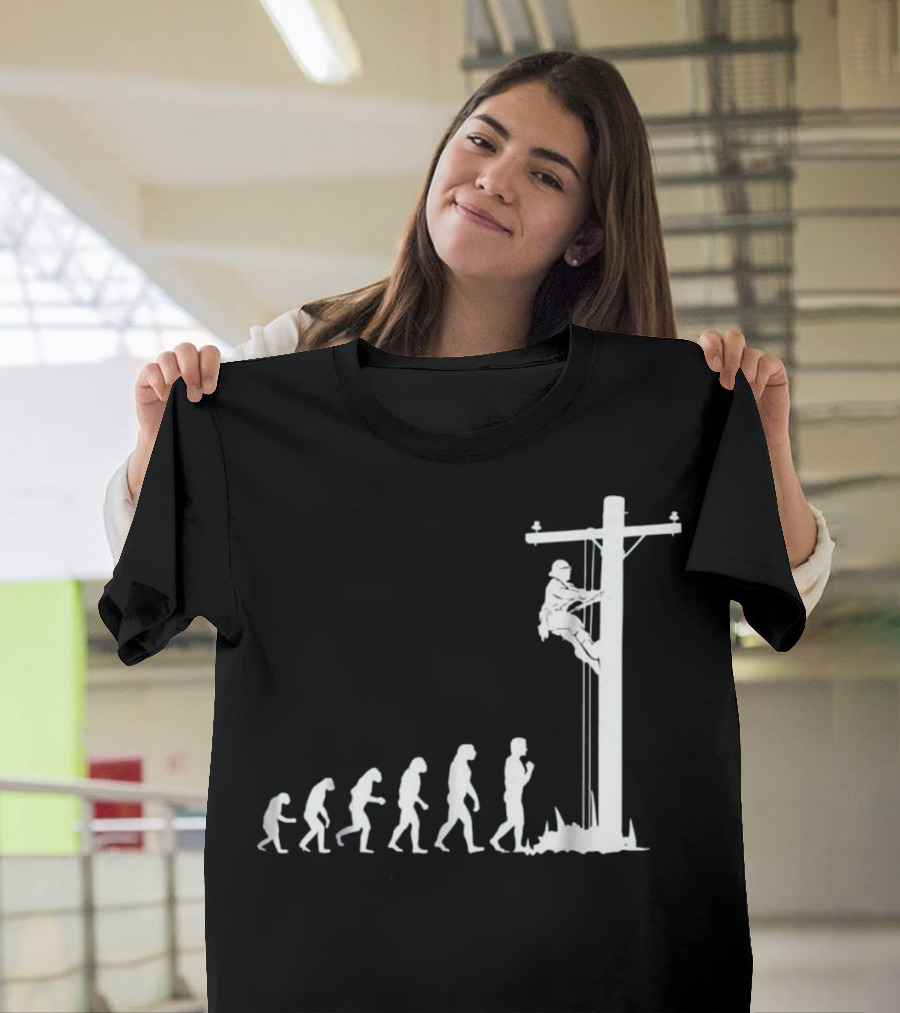Cool Unique Evolution of Lineman Electrician on Power Pole T-Shirt