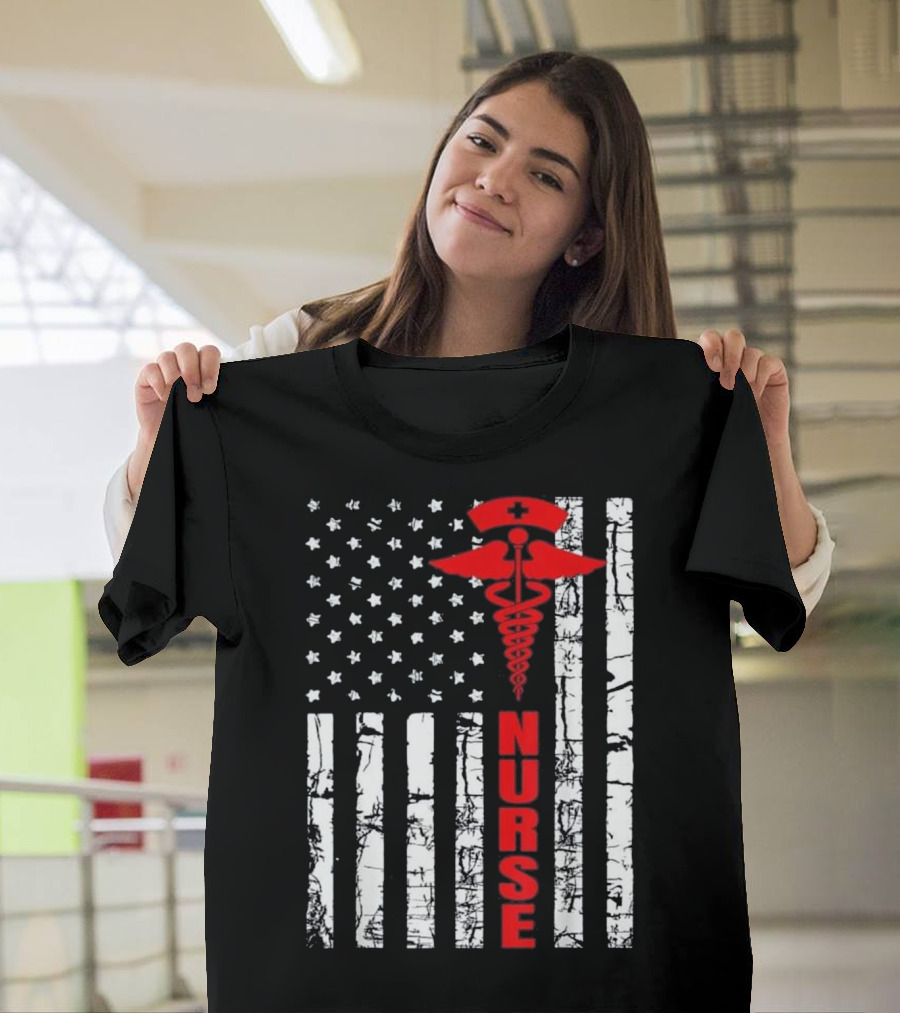 Patriotic American USA Flag Nurse Caducues T-Shirt