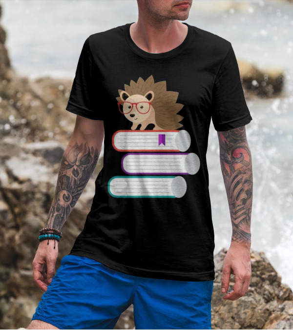 Adorable Hedgehog With Glasses On Stack Of Books For Nerds T-Shirt
