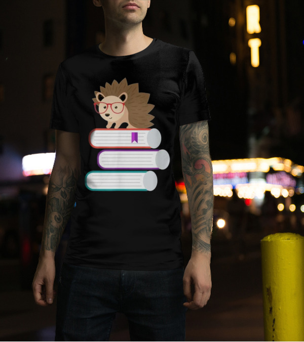 Adorable Hedgehog With Glasses On Stack Of Books For Nerds T-Shirt