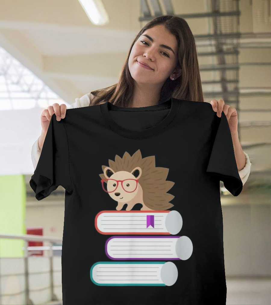 Adorable Hedgehog with Glasses on Stack of Books for Nerds T-Shirt