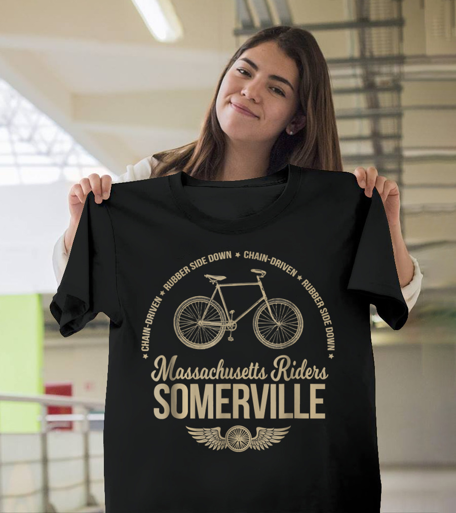 Massachusetts Riders Somerville Chain-Driven Bicycle Rubber Side Down T-Shirt