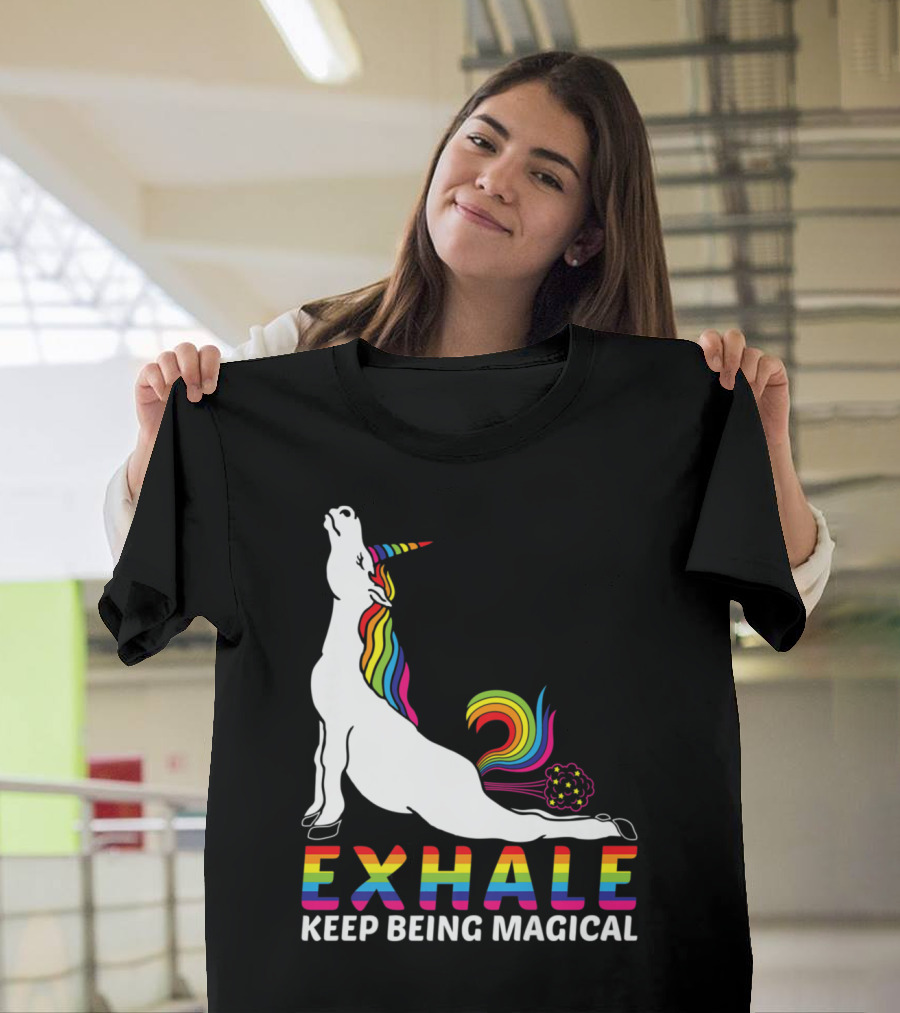 Exhale Keep Being Magical Rainbow Unicorn Yoga Pose T-Shirt