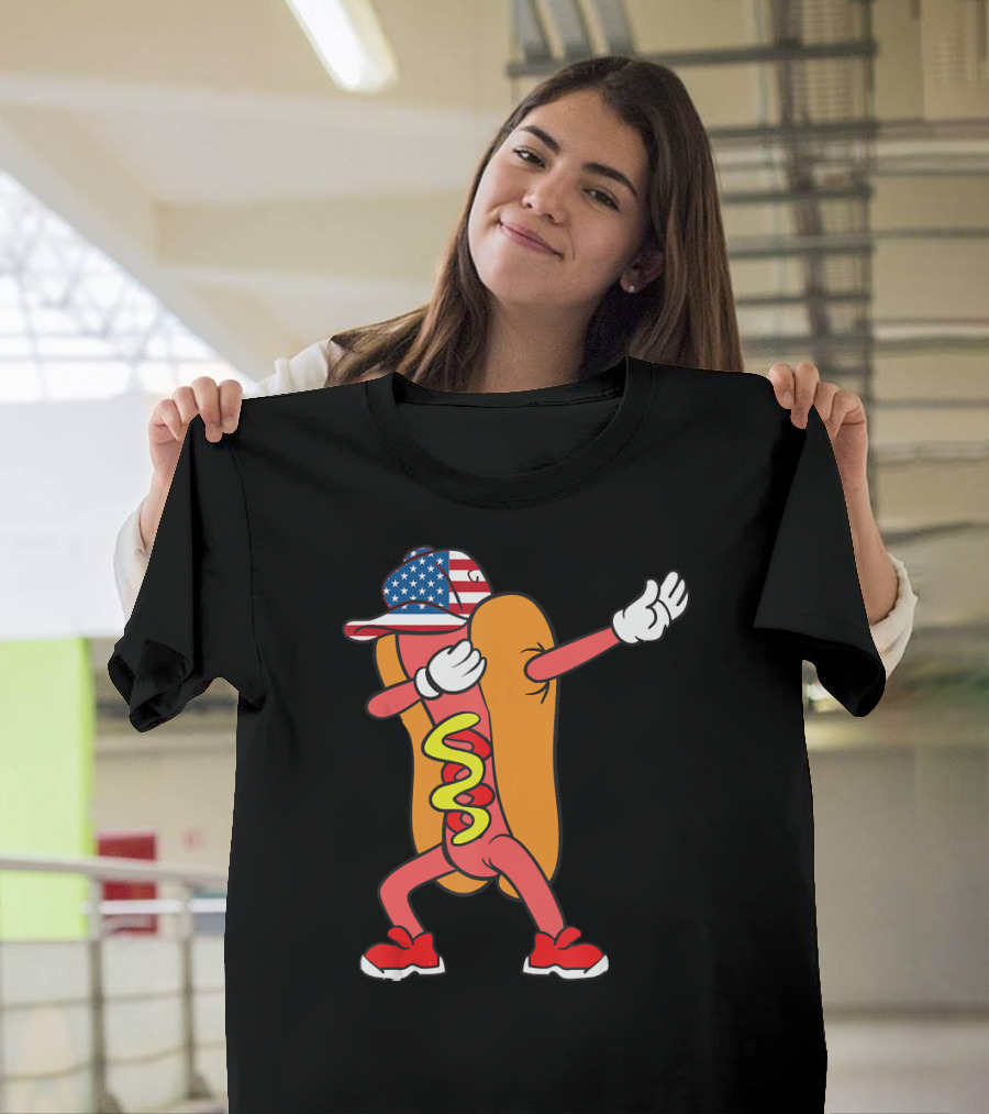 Funny Dabbing Hot Dog Day with American Flag Hat T-Shirt