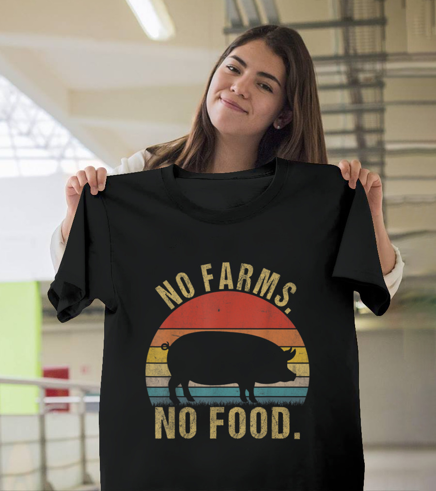 No Farms No Food Pig Retro Sunset Stripes T-Shirt