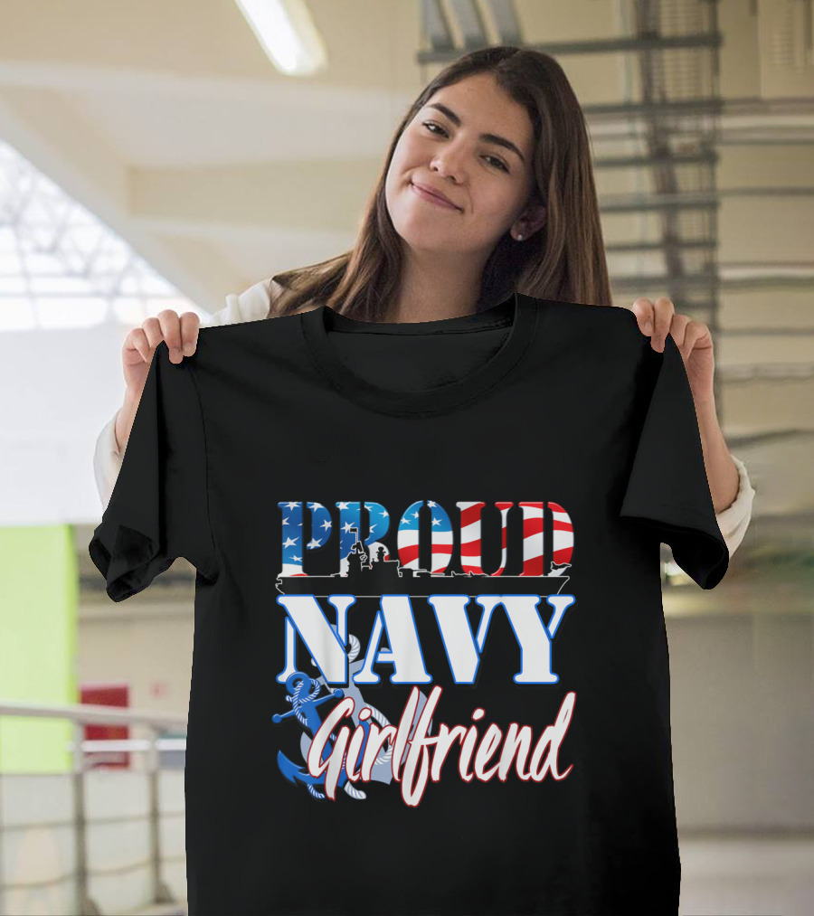 Proud Navy Girlfriend USA Military American Flag Anchor T-Shirt