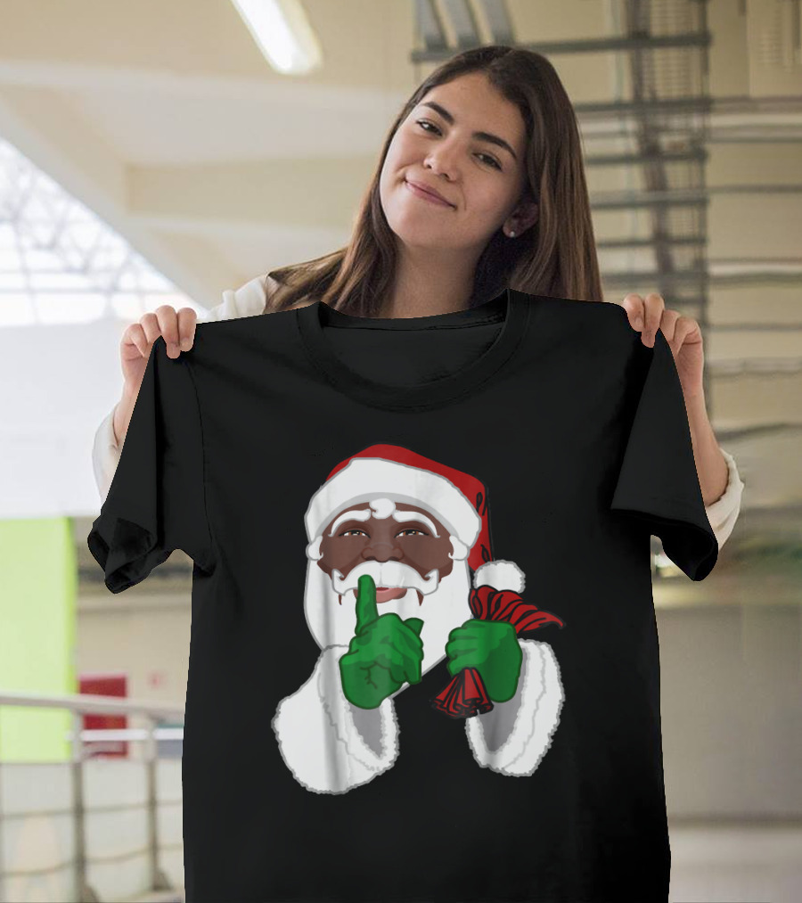 African American Santa Black Santa Claus with Green Gloves and Red Sack T-Shirt