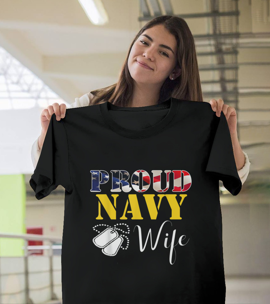 Proud Navy Wife American Flag Dog Tags T-Shirt