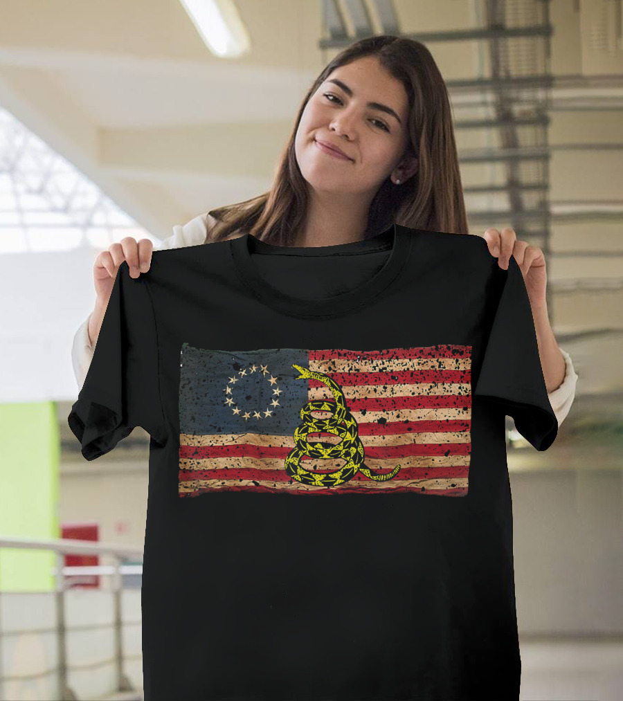 Revolutionary Era American Flag with Gadsden Snake Symbol - Patriotic Politically Incorrect Betsy Ro T-Shirt