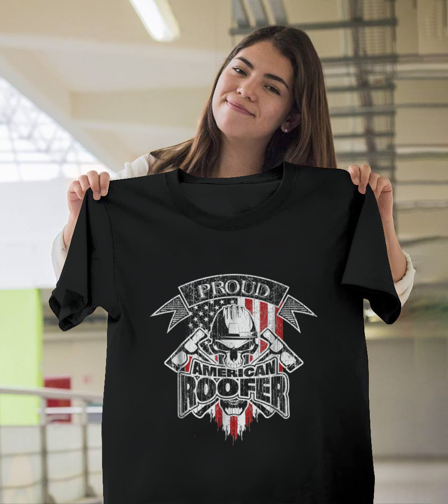 Proud American Roofer Skull with Flag and Wrenches T-Shirt