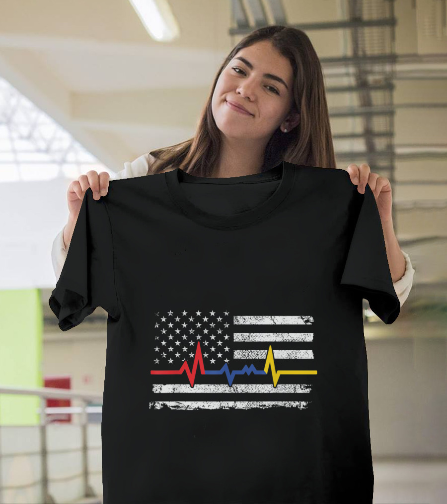 Thin Blue Red and Gold Line American Flag Heartbeat T-Shirt