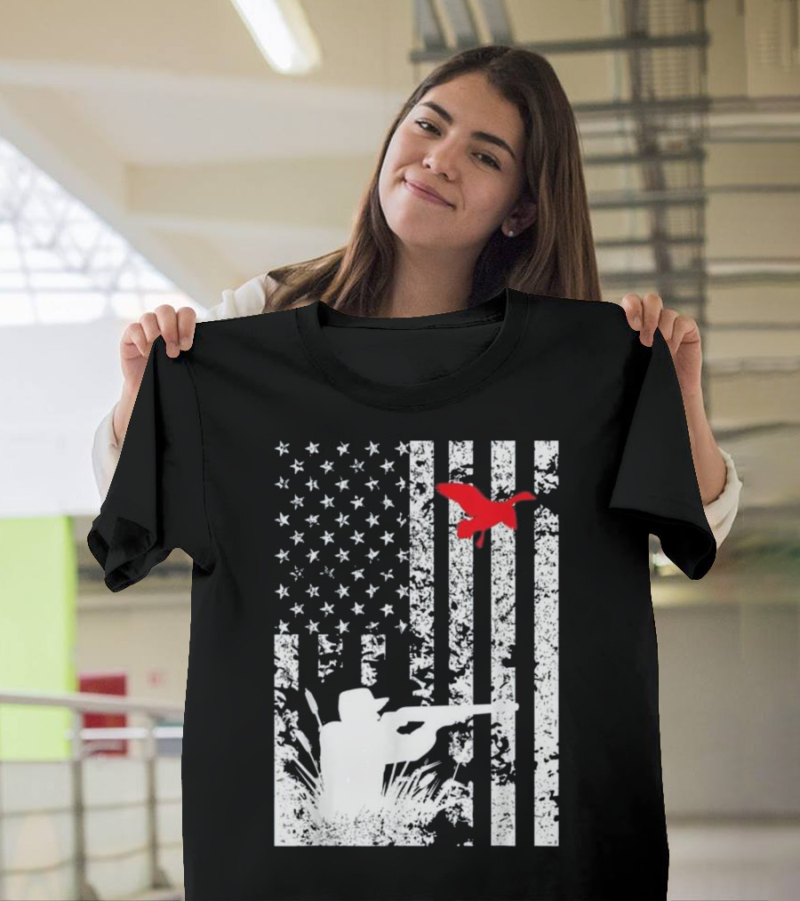 Duck Hunting American Flag with Hunter and Red Flying Duck T-Shirt