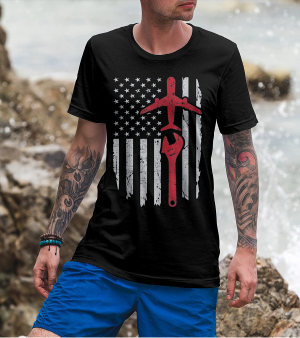 Airplane Mechanic American Flag Aviation Technic Wrench T-Shirt