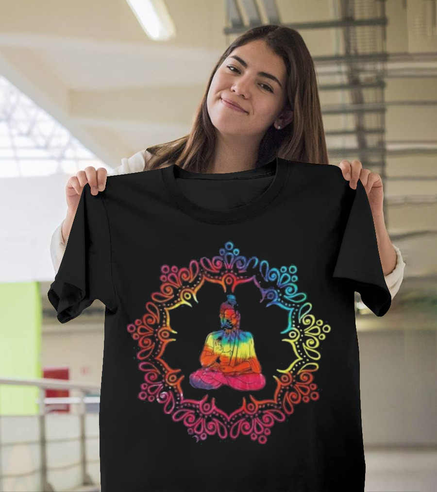 Meditating Buddha in Vibrant Rainbow Tie Dye Mandala T-Shirt