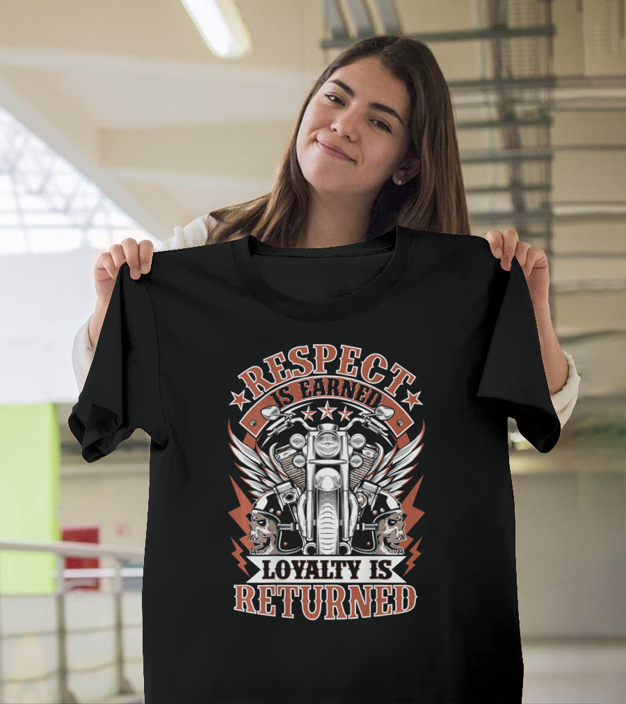 Biker Respect Is Earned Loyalty Is Returned Motorcycle Skull Wings Stars T-Shirt