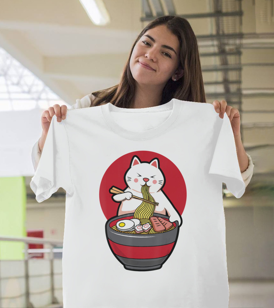 Kawaii Ramen Cat Cute Japanese Anime Eating Noodles Iconic T-Shirt