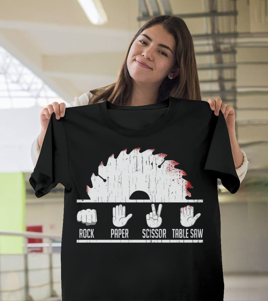 Rock Paper Scissors Table Saw Fist Hand Peace Circular Blade T-Shirt