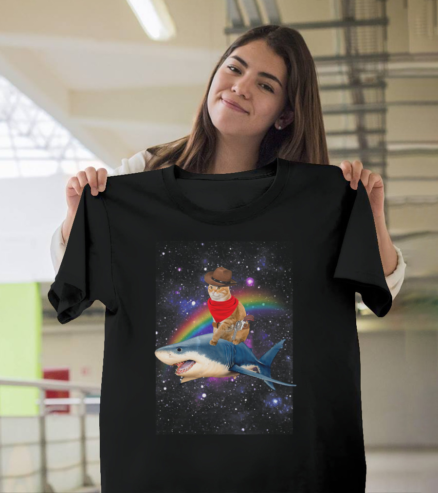 Cat Cowboy Riding Shark in Space with Rainbow T-Shirt